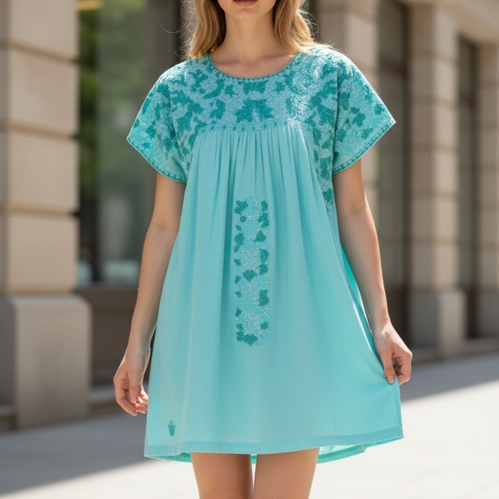 Aqua Floral Embroidered Mini Dress